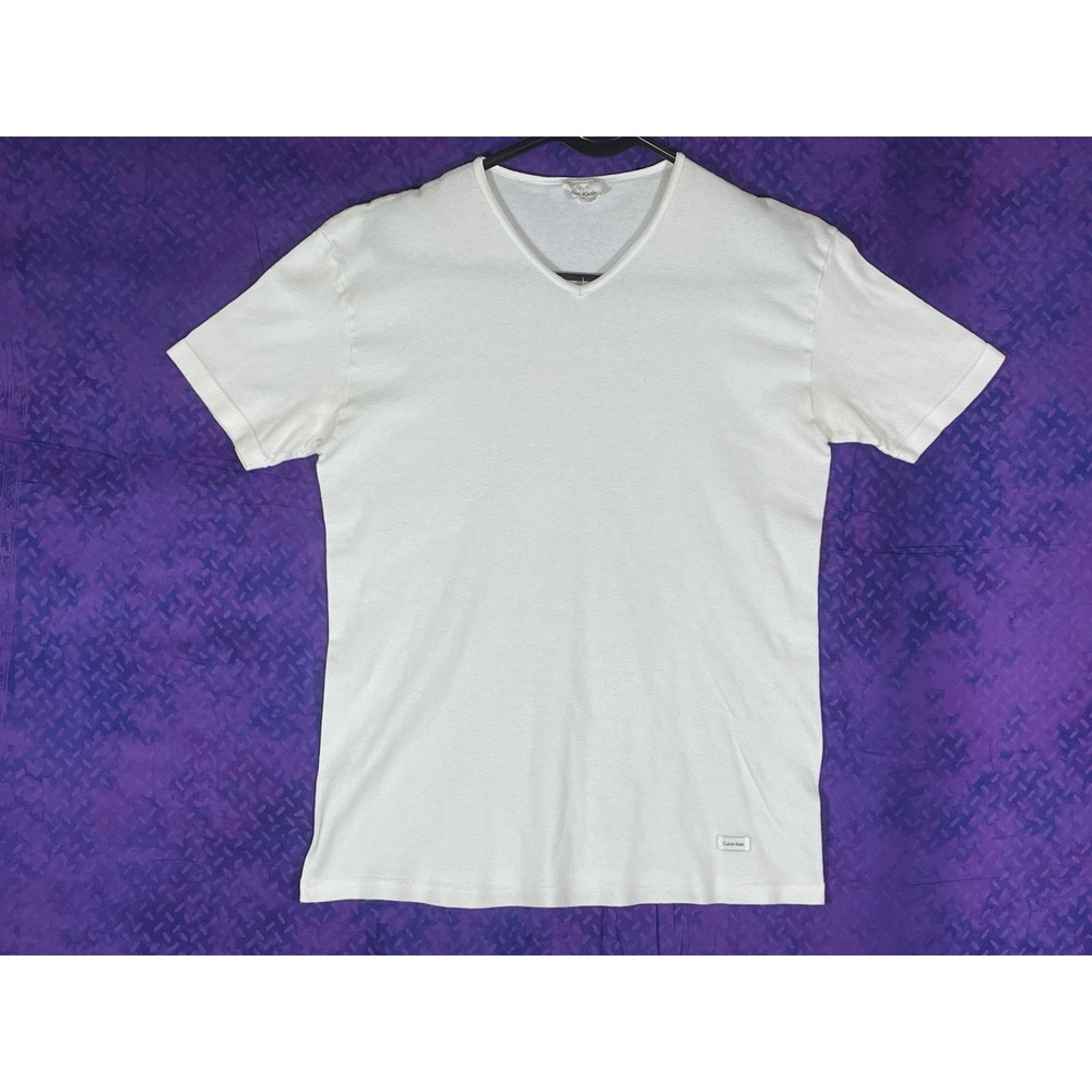 Calvin Klein Mens White V-Neck T-Shirt 100% Cotton Made in USA Large
